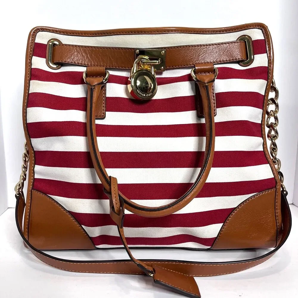 Michael Kors Large Hamilton Brown Leather Trim Red & White Canvas Tote